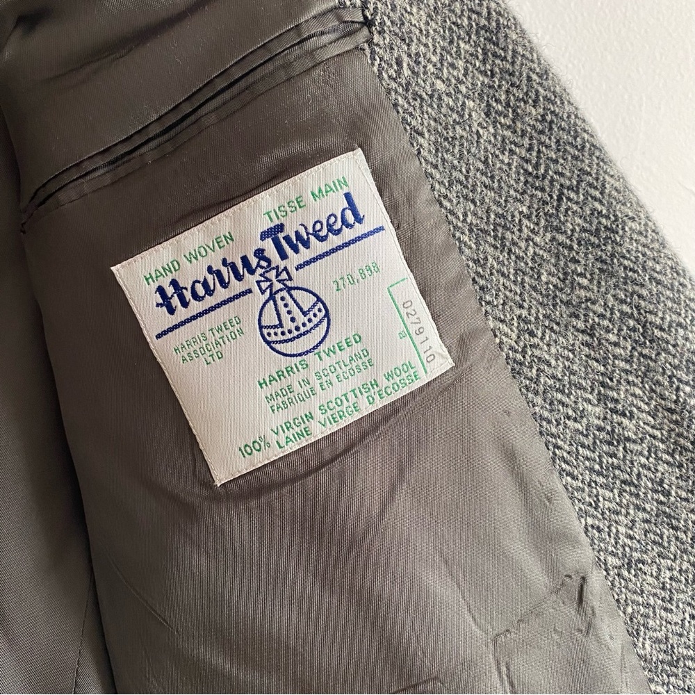 Vintage Harris Tweed Jacket Wool Tweed Grey Herringbone Blazer 42 Long/Tall - Picture 10 of 14